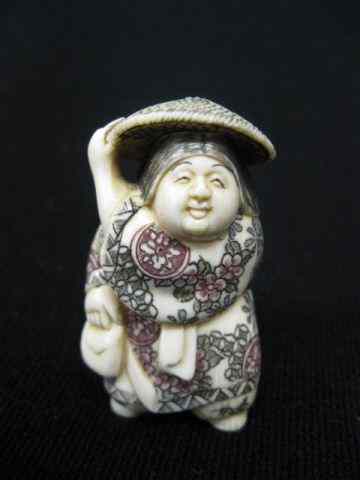 Appraisal: Carved Ivory Netsuke Lady in Hat fancy polychrome signed ''