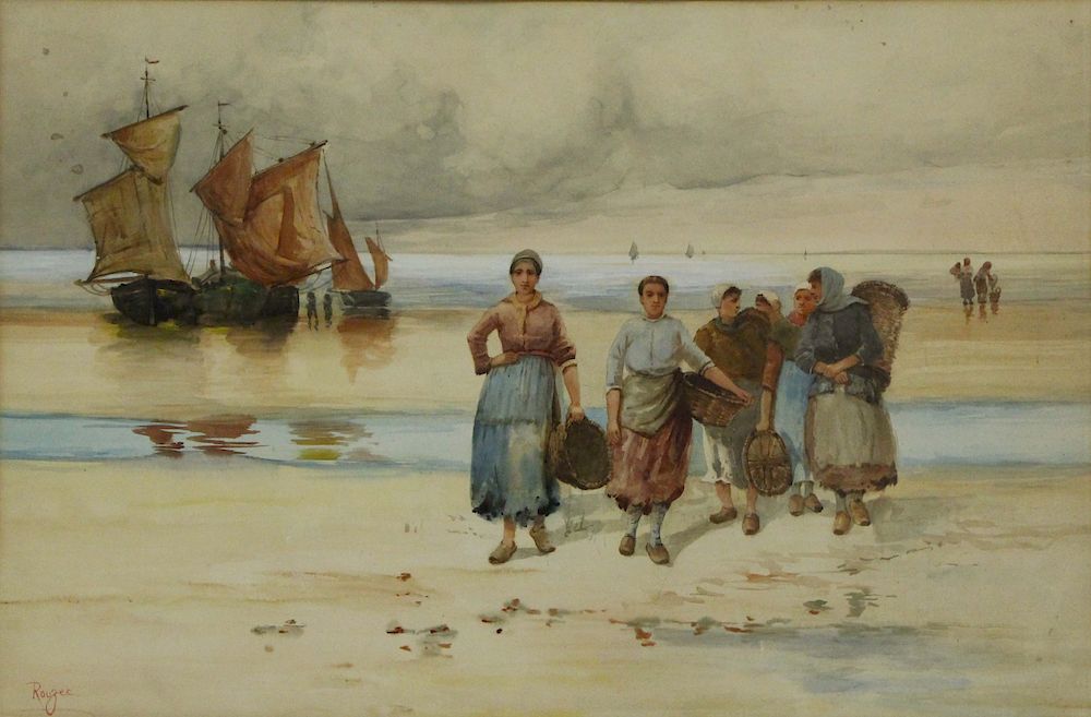 Appraisal: ROUZEE th CENTURY Watercolor Bretagne Women on a Coast Signed