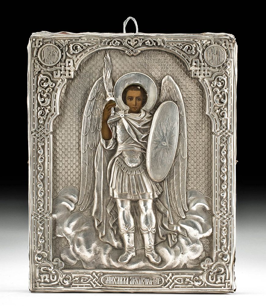 Appraisal: th C Russian Icon Silvered Copper Oklad w Uriel Eastern