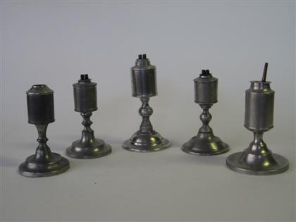 Appraisal: Five pewter cylinder font whale oil lamps various makers With