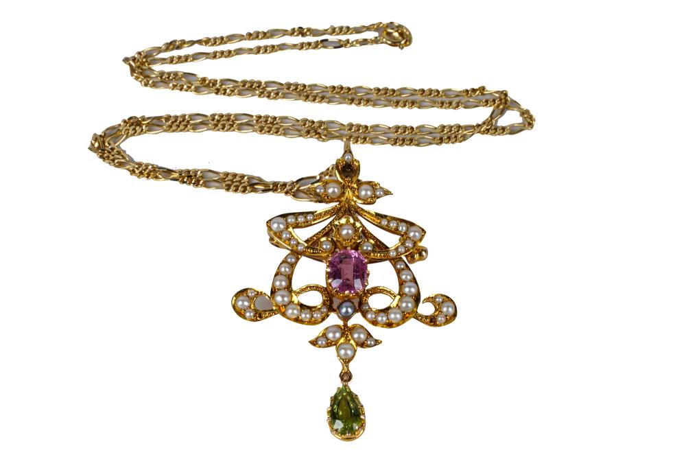 Appraisal: VICTORIAN KARAT YELLOW GOLD PINK TOURMALINE PERIDOT SEED PEARL PENDANT