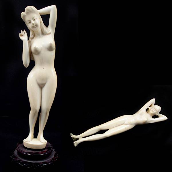 Appraisal: A large Chinese ivory nude together with another smaller nude