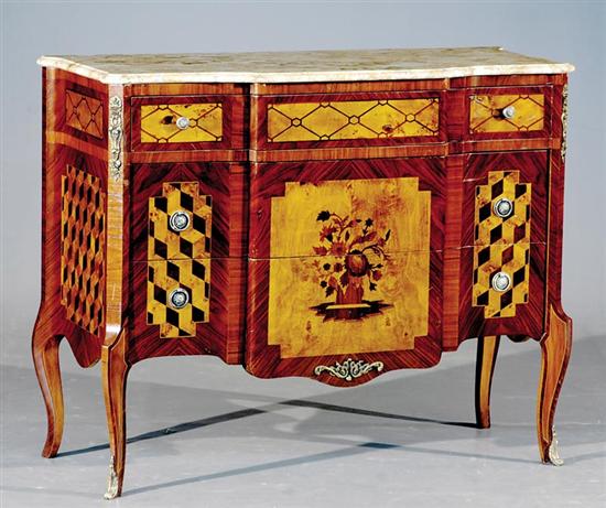 Appraisal: Continental kingwood and marquetry commode shaped and molded marble top