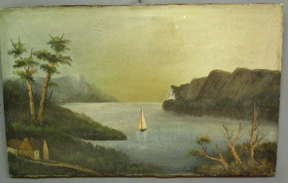 Appraisal: Primitive oil on canvas painting of a Hudson River scene