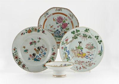 Appraisal: Five Chinese famille rose plates and a famille rose stand