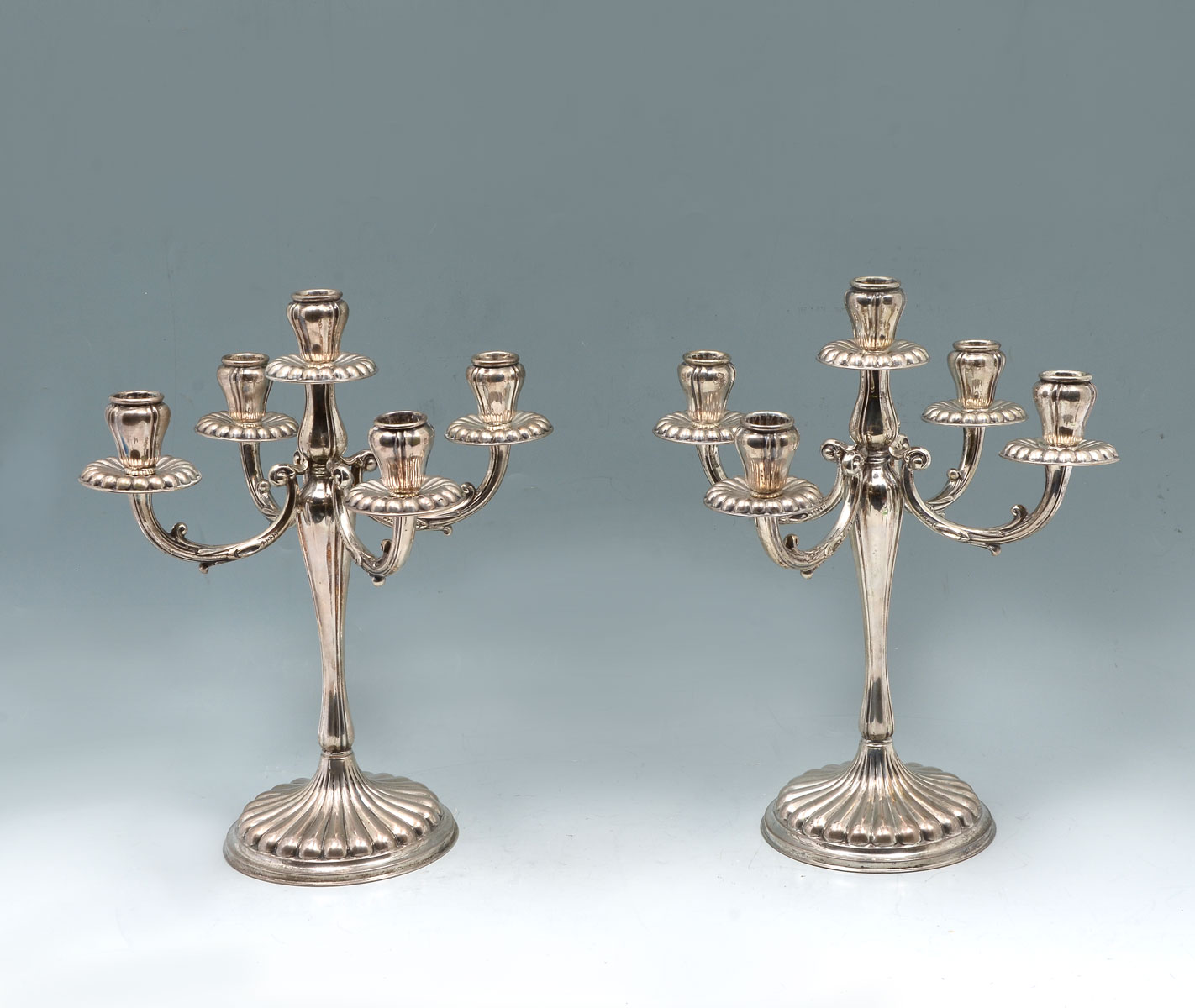 Appraisal: PAIR OF EUROPEAN SILVER CANDELABRUMS Approx ounces candelabrums having scrolling