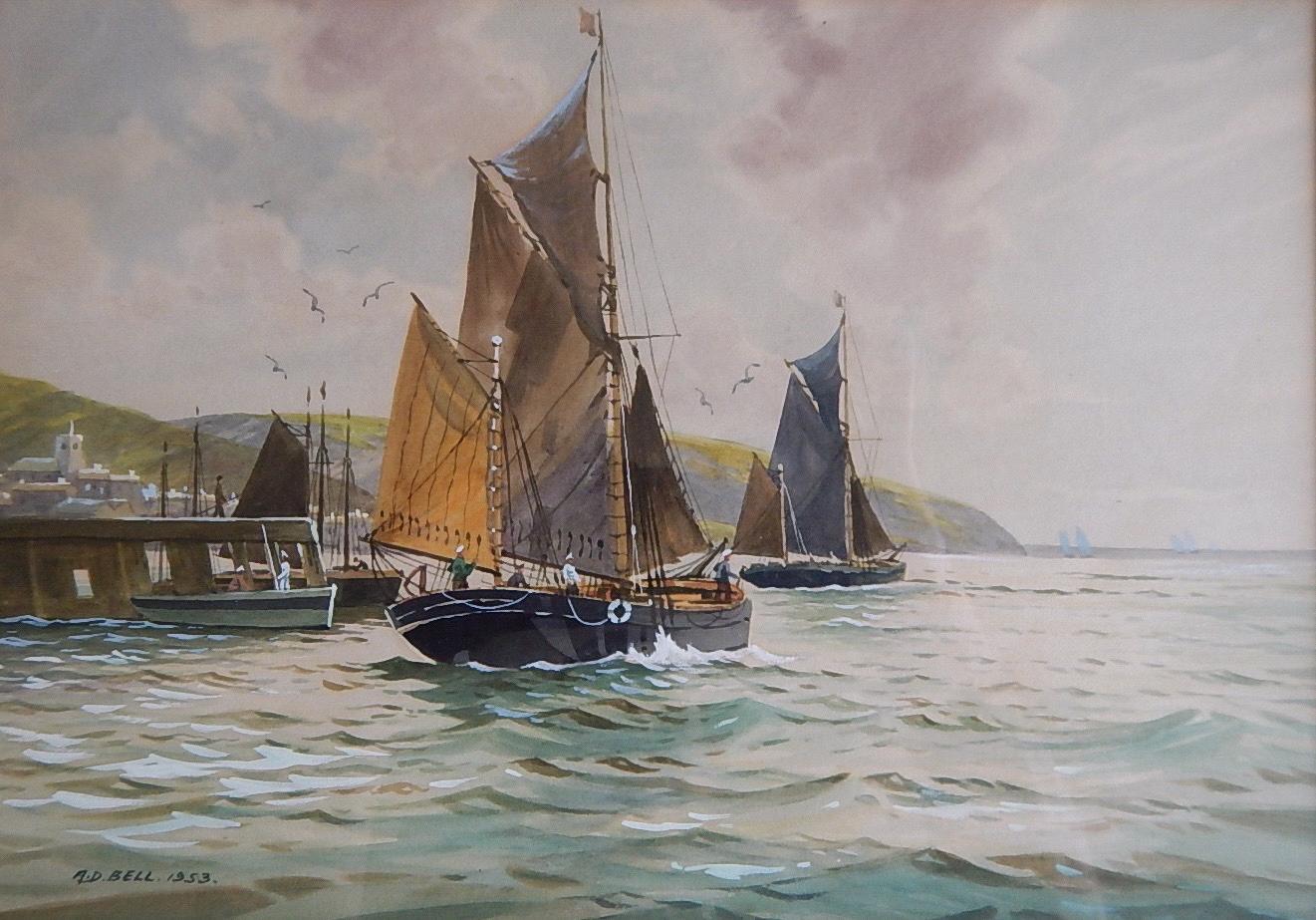 Appraisal: A David Bell - A silvery sea sailing ships putting