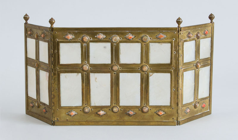 Appraisal: AMERICAN ARTS AND CRAFTS SHELL-MOUNTED BRASS THREE-FOLD TABLE SCREEN Inscribed