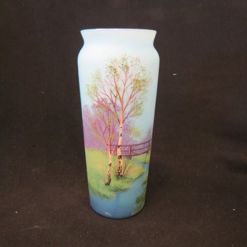 Appraisal: Enameled Art Glass Vase birchs along a stream blue cased