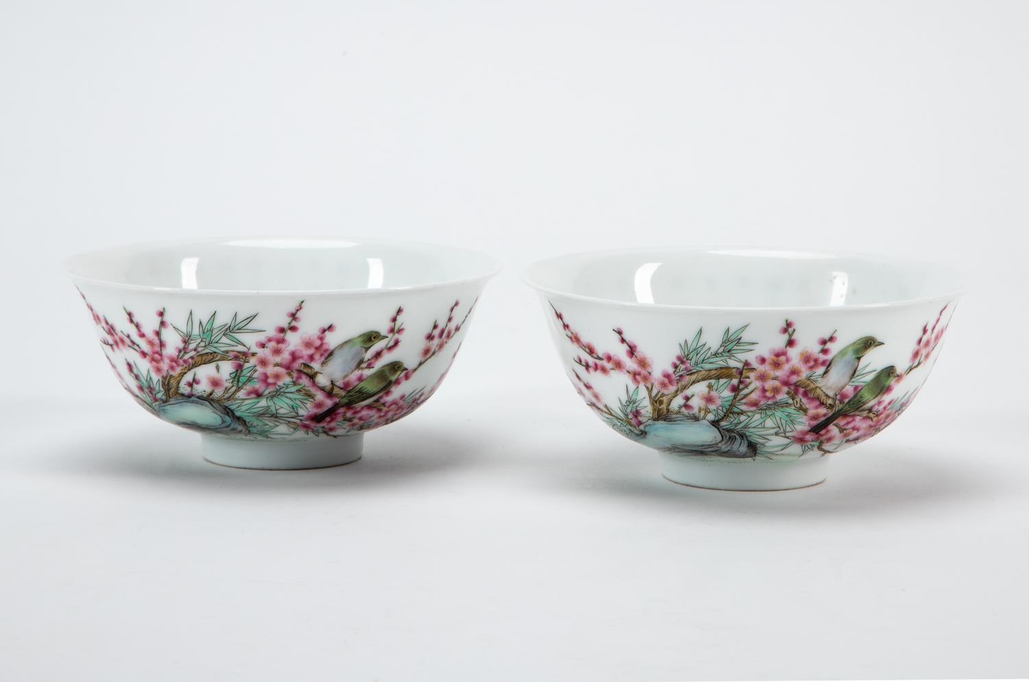 Appraisal: PAIR CHINESE PORCELAIN FLOWER AND BIRD BOWLS Pair of Chinese