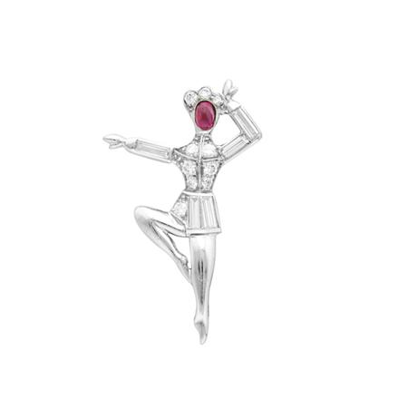 Appraisal: Platinum Diamond and Cabochon Ruby Ballerina Pin Estimate -