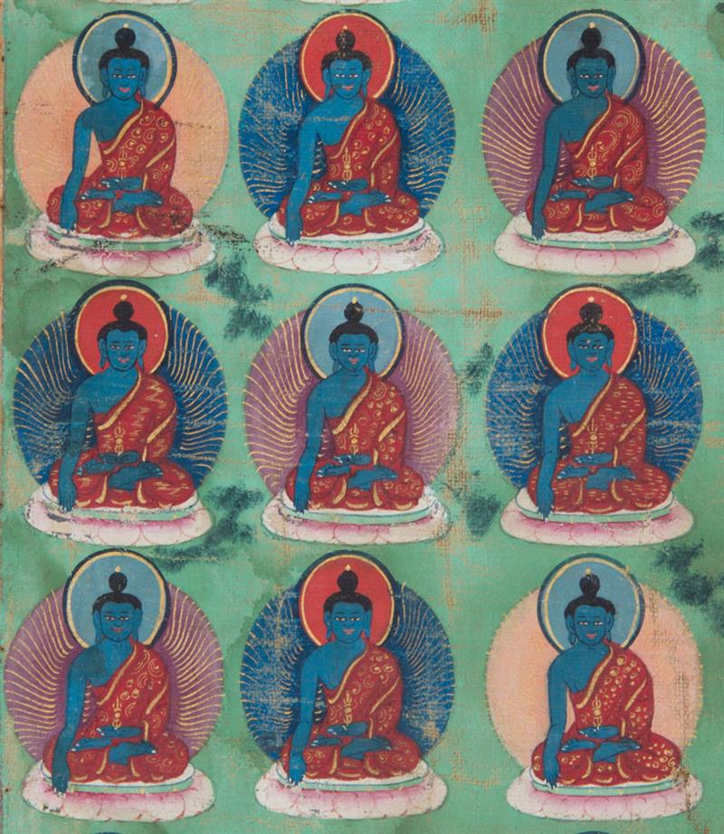 Appraisal: TIBETAN SCHOOL THANGKA ONE HUNDRED BUDDHAS Gouache with gold highlights