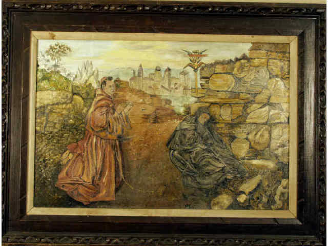 Appraisal: Oil on canvas painting of a Missionary praying for an