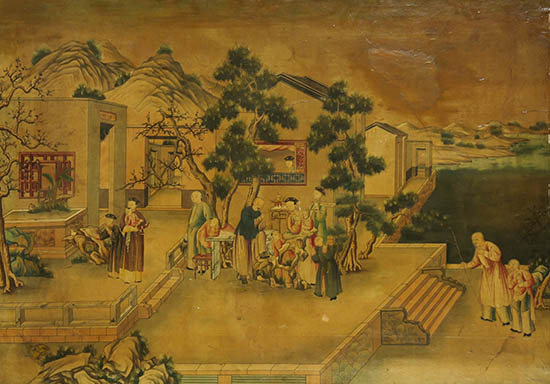 Appraisal: Chinoiserie D coupage Lacquered Panel of an Exterior Pavilion Scene