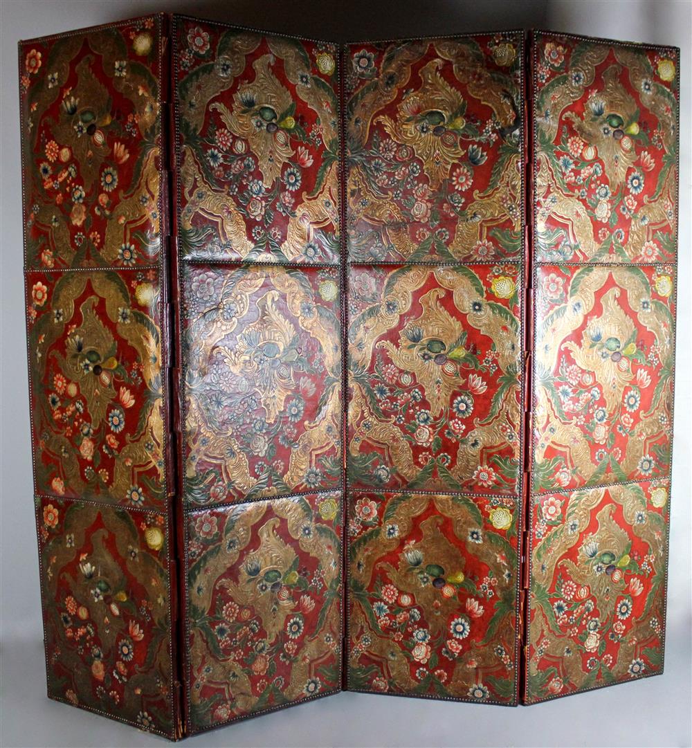 Appraisal: POLYCHROME AND GILT EMBOSSED LEATHER SCREEN in the Dutch Rococo