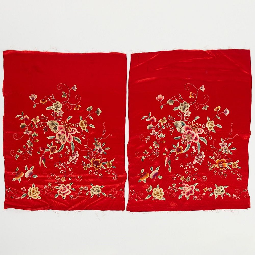 Appraisal: Two Chinese Embroidery Silk Panels Of Flowers Pair of Chinese