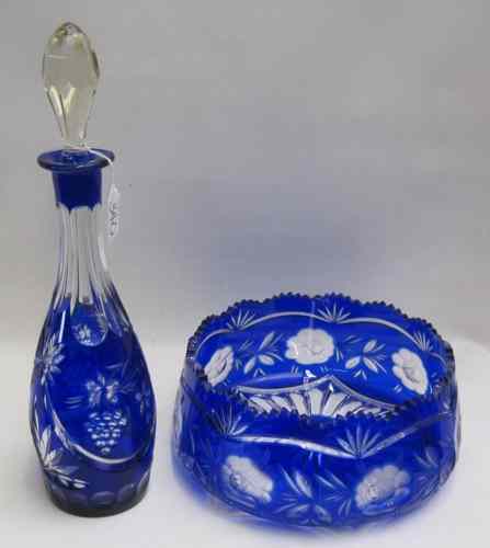 Appraisal: TWO PIECES BOHEMIAN CUT GLASS TABLEWARE both pieces in cobalt