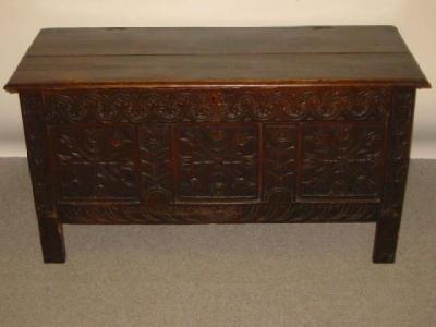 Appraisal: AN OAK PANELLED COFFER early th century the moulded edged