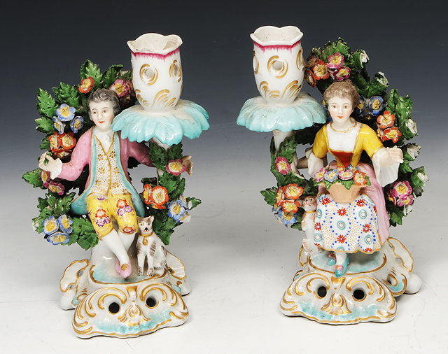 Appraisal: A PAIR OF CHELSEA STYLE PORCELAIN CANDELABRA each in the