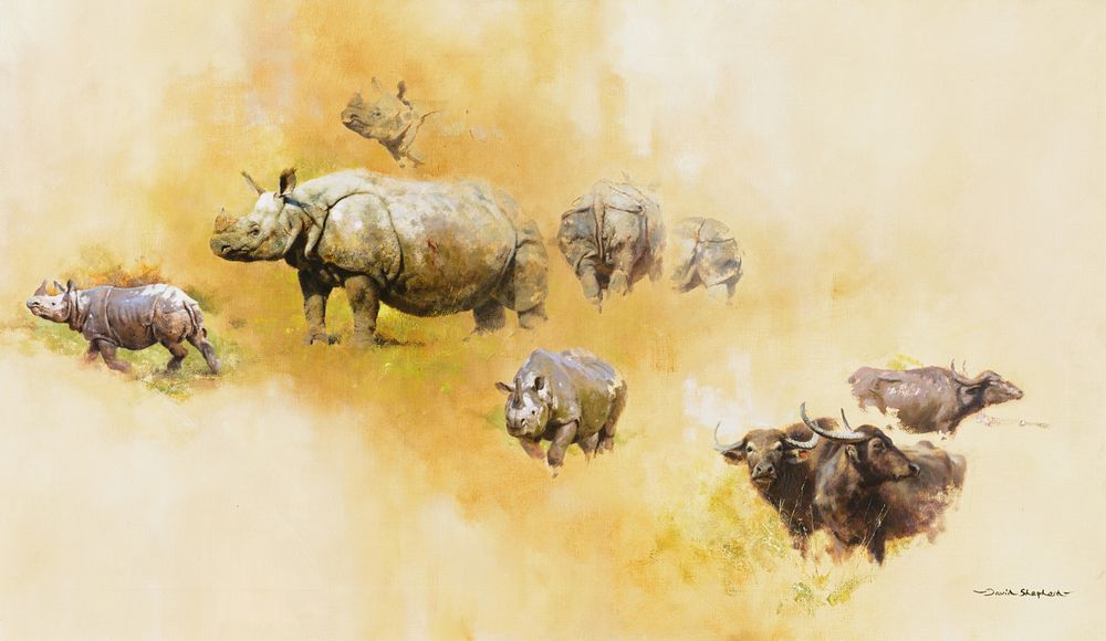 Appraisal: David Shepherd Asian Rhino and Water Buffalo David Shepherd Asian