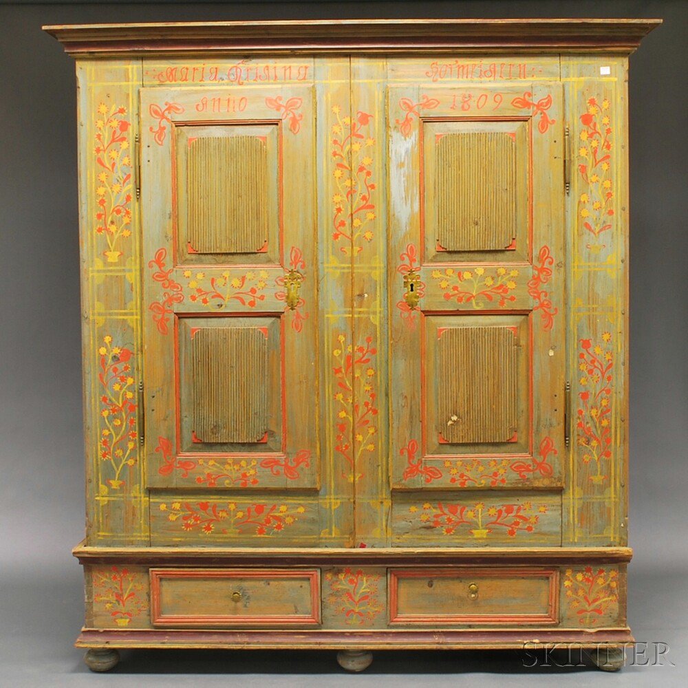 Appraisal: Paint-decorated Dutch-style Cupboard th century the molded cornice over rectangular