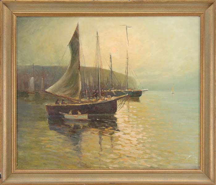 Appraisal: ANTHONY THIEME American - TRANQUIL HARBOR Oil on canvas scene