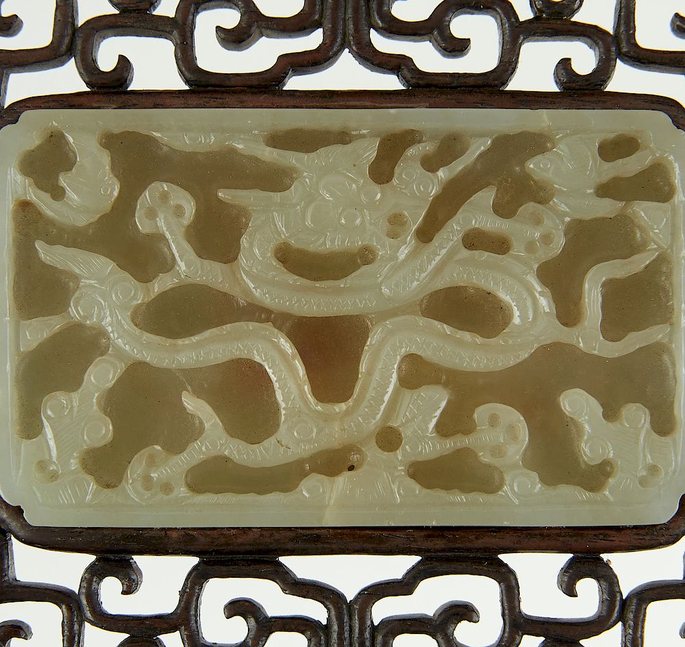 Appraisal: Chinese Jade Dragon Plaque with Stand th Century or earlier