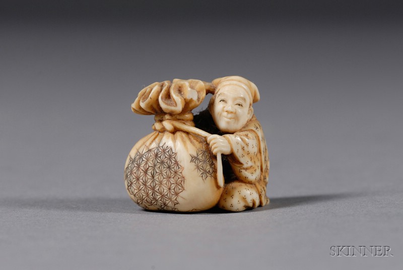 Appraisal: Ivory Netsuke th century a man tying a brocade bag