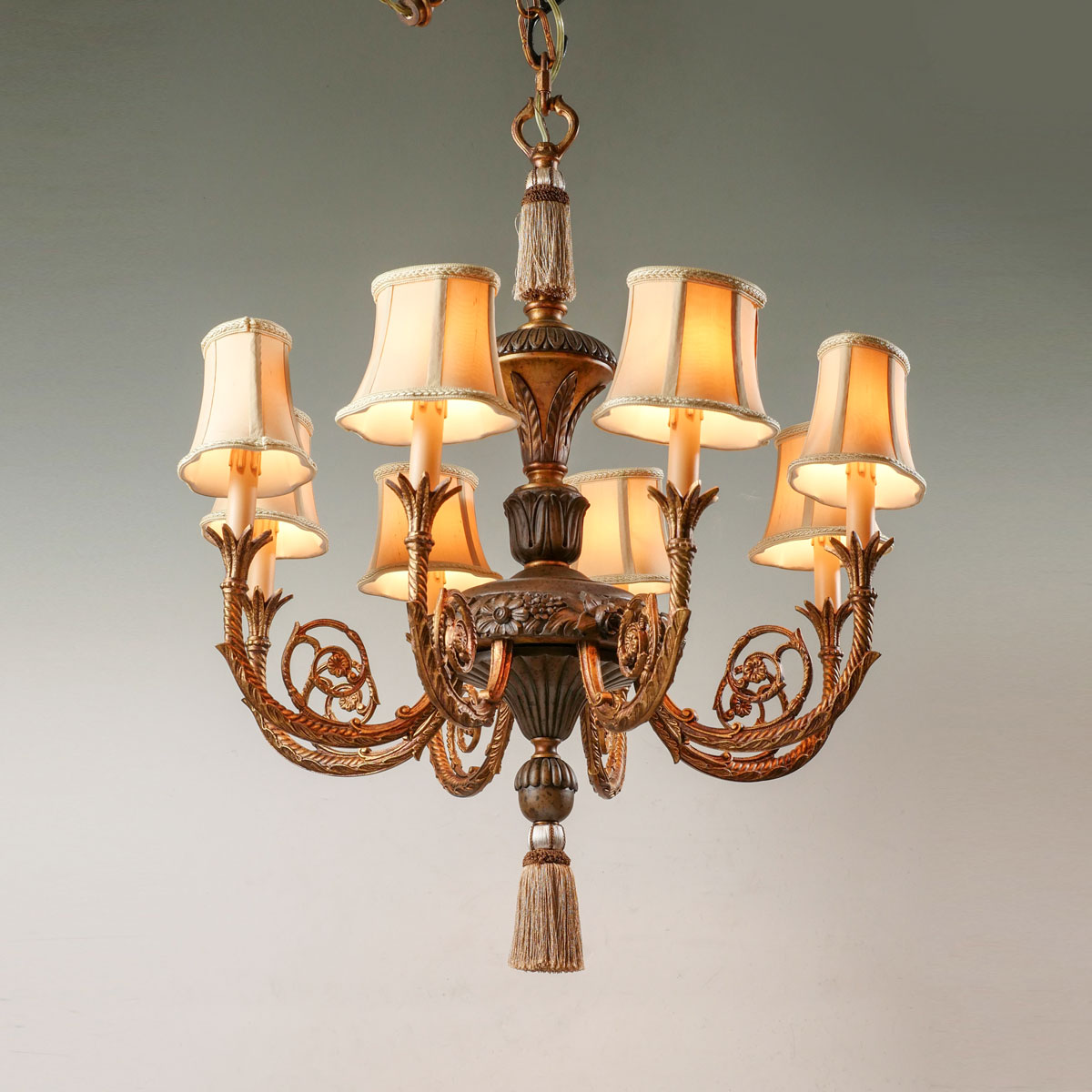 Appraisal: LIGHT METAL TASSEL CHANDELIER light gold toned metal chandelier with