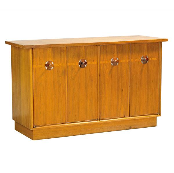 Appraisal: MODERN Teak and mahogany four-door server with cruciform pulls x