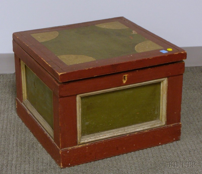 Appraisal: Polychrome Painted Wood Lift-top Storage Box with Paneled Sides ht