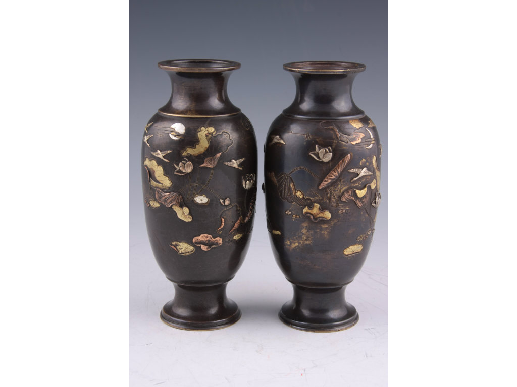 Appraisal: Pair of Japanese Bronze Mixed Metal Vases th c inlaid