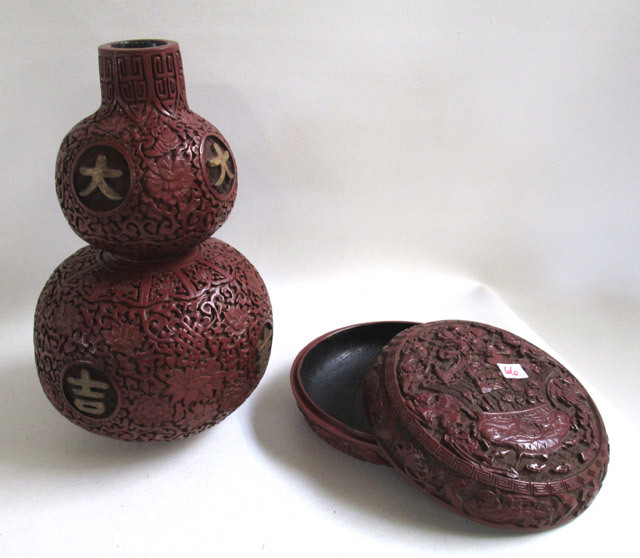 Appraisal: CINNABAR STYLE LIDDED BOX AND VASE the compressed globular form