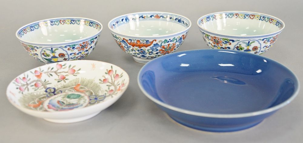 Appraisal: Five chinese porcelain dishes to include blue glazed plate small