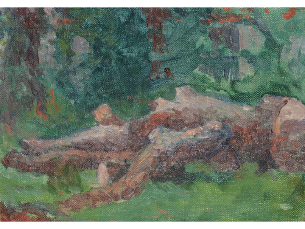 Appraisal: ROBERT BEVAN A fallen tree in woodland inscribed on the