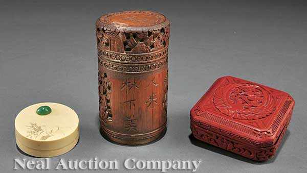 Appraisal: A Group of Three Chinese Cinnabar Ivory and Wood Boxes