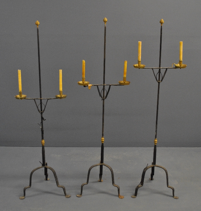 Appraisal: - Three matching wrought iron and brass standing floor lamps