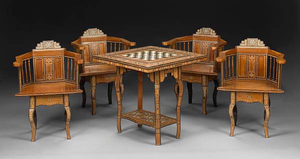 Appraisal: A Levantine parquetry inlaid games table with four matching chairs