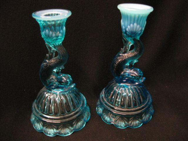 Appraisal: Pair of Blue Opalescent Art Glass Candlesticks dolphin motif excellent