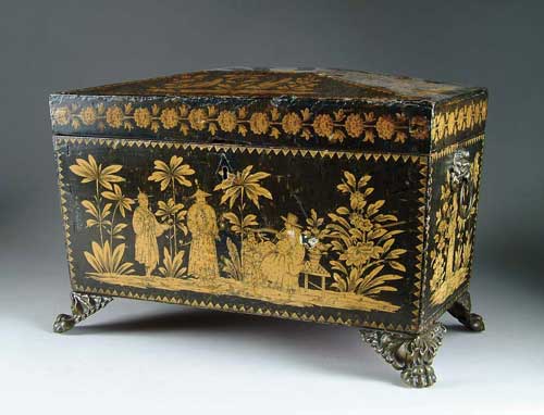 Appraisal: GOOD ORIENTAL DECORATED SARCOFICUS STYLE TEA CADDY Outside decoration shows