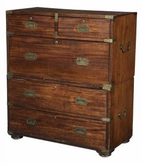 Appraisal: Figured Mahogany and Brass Mounted Campaign Chest British th century