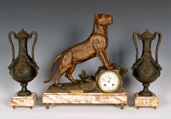 Appraisal: FRENCH FIGURAL TIGER CLOCK GARNITURE PIECE SET Figural patinated metal