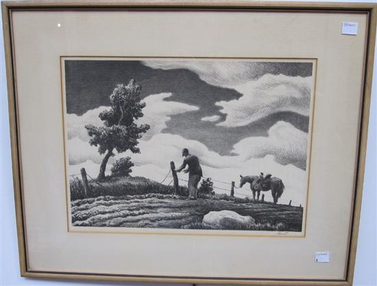 Appraisal: BENTON THOMAS HART AMERICAN - The Fence Mender Signed in