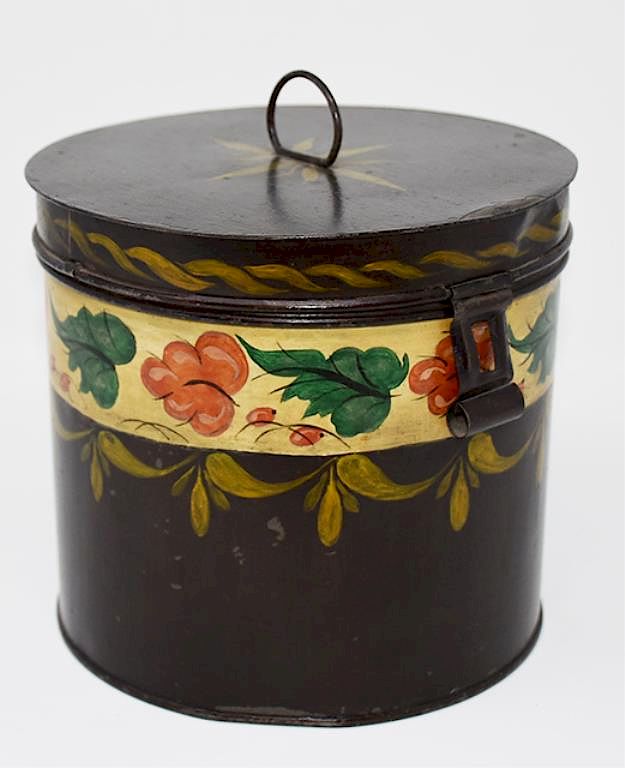 Appraisal: Tole decorated tin hinged lid box Tole decorated tin hinged