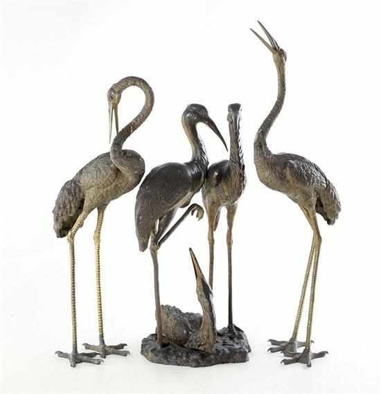 Appraisal: Grouping of bronze garden herons five full-bodied herons in various