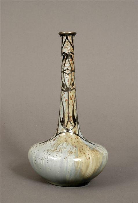 Appraisal: Art Nouveau Silver-Overlay Glazed Pottery Vase in