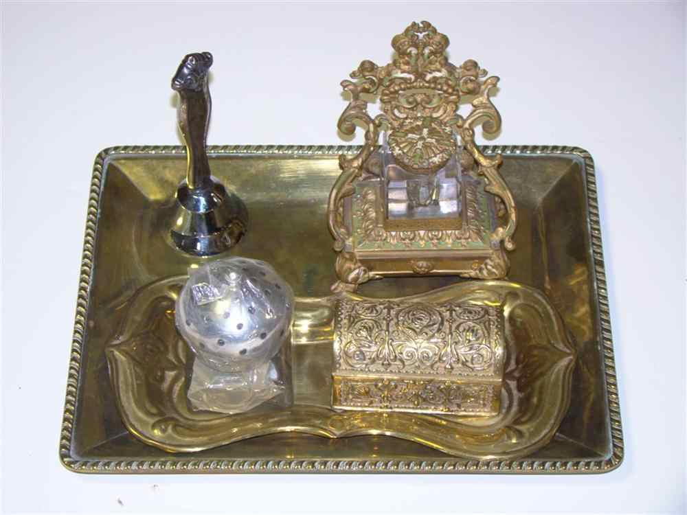 Appraisal: SIX DESK ACCOUTREMENTS Including a rectangular brass tray a brass