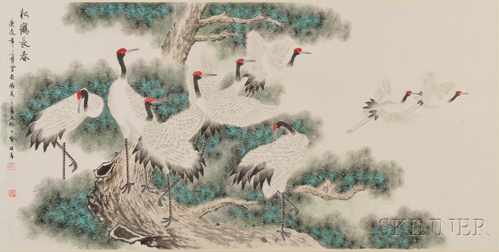 Appraisal: Framed Print of Cranes and Pine Trees China ink and