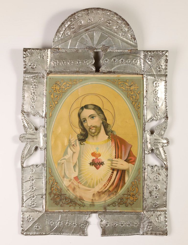 Appraisal: Tin Frame with Colored Devotional Print ca Attributed to Isleta