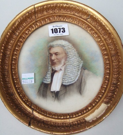 Appraisal: An oval portrait miniature of a judge wearing robes and